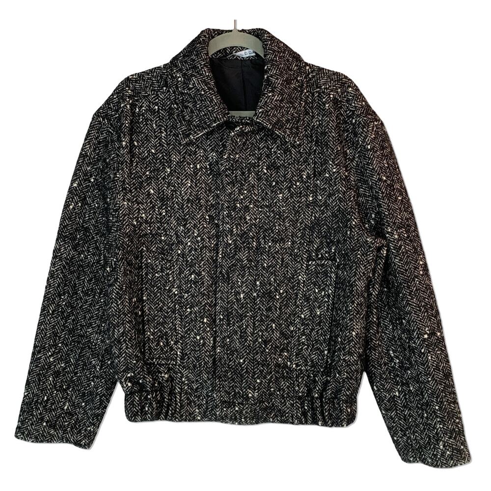 ZARA Bomber Jacket Women Medium Black Gray Zip Tweed Lined Classic